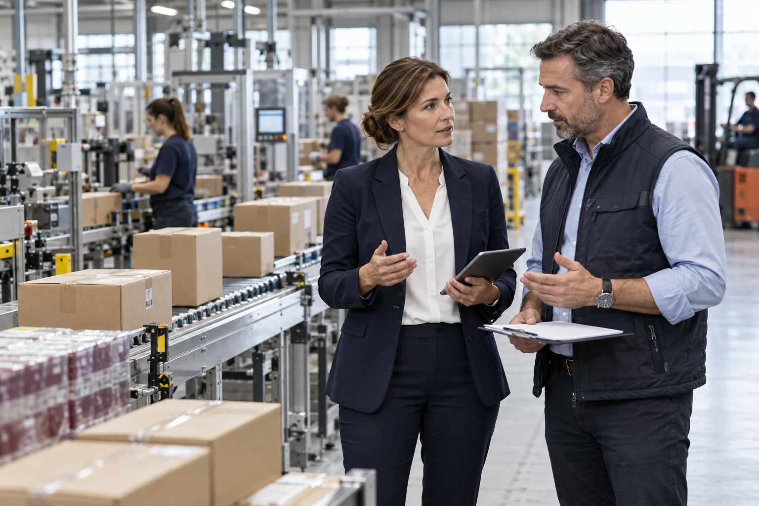 Geschäftsleute in einer Verpackungs- und Distributionsproduktion